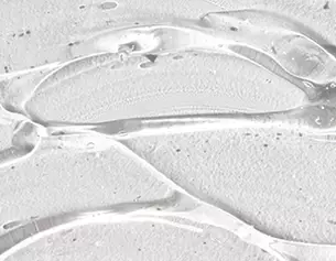 Primissimo piano di gel trasparente su una superficie bianca, con fossette e riflessi che creano un bagliore elegante.