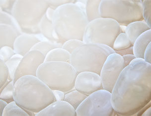 Moltitudini di ciottoli bianchi lucidi che si riflettono alla luce, creando un effetto organico e sereno.