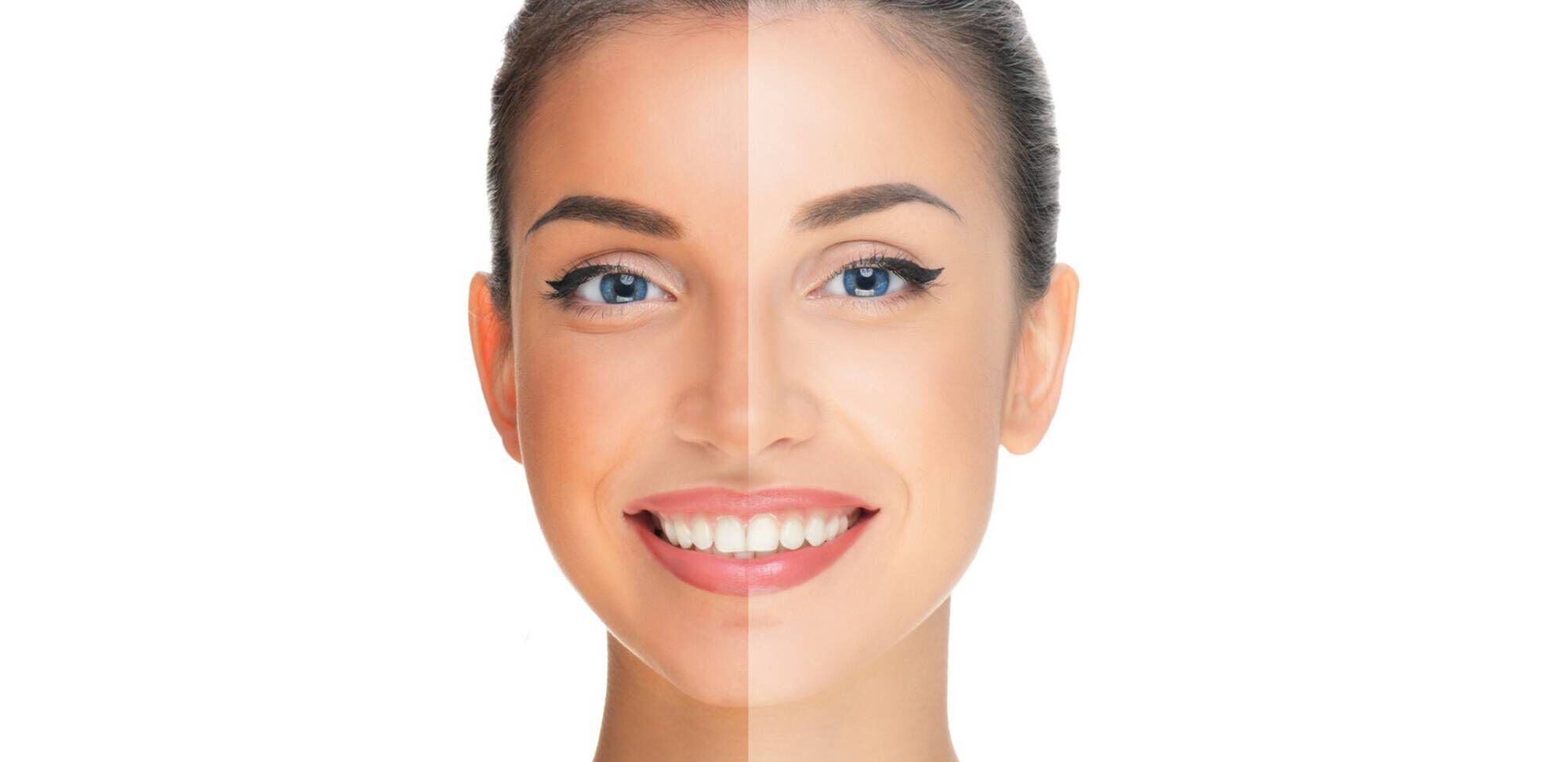 Immagine di una donna con il viso diviso: meta trucco e meta senza trucco, sorridente, con occhi azzurri.