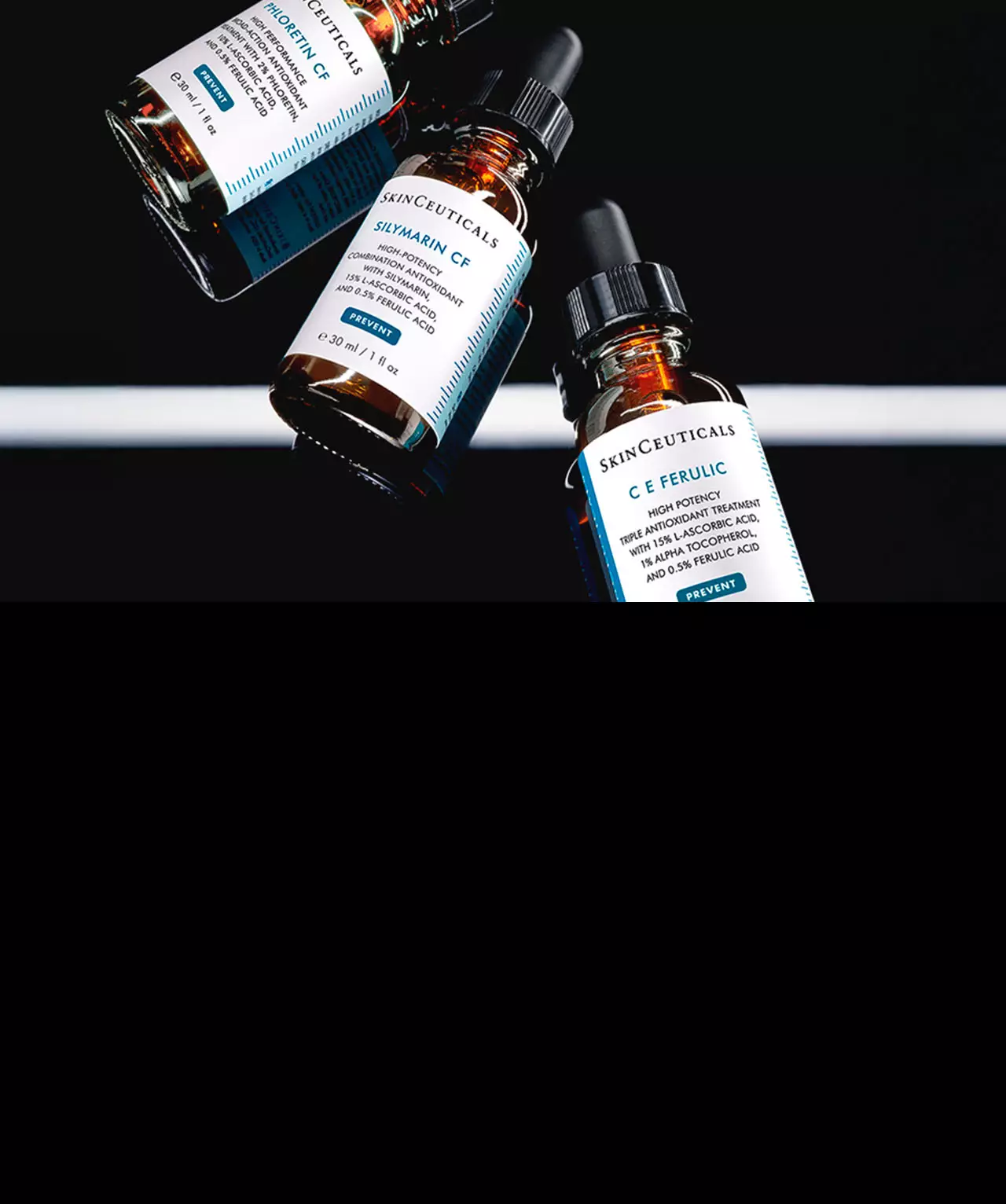 Una bottiglia di vetro ambrato di SkinCeuticals Silymarin CF, posizionata tra altre due bottiglie simili di C E Ferulic e Phloretin CF, su uno sfondo scuro.