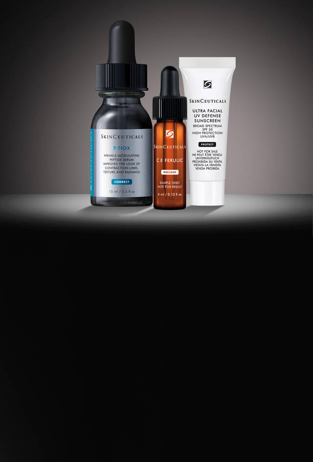 Prodotti per la routine di skincare SkinCeuticals: il siero C E Ferulic, il siero P-TIOX e la protezione solare Ultra Facial Defense SPF 50