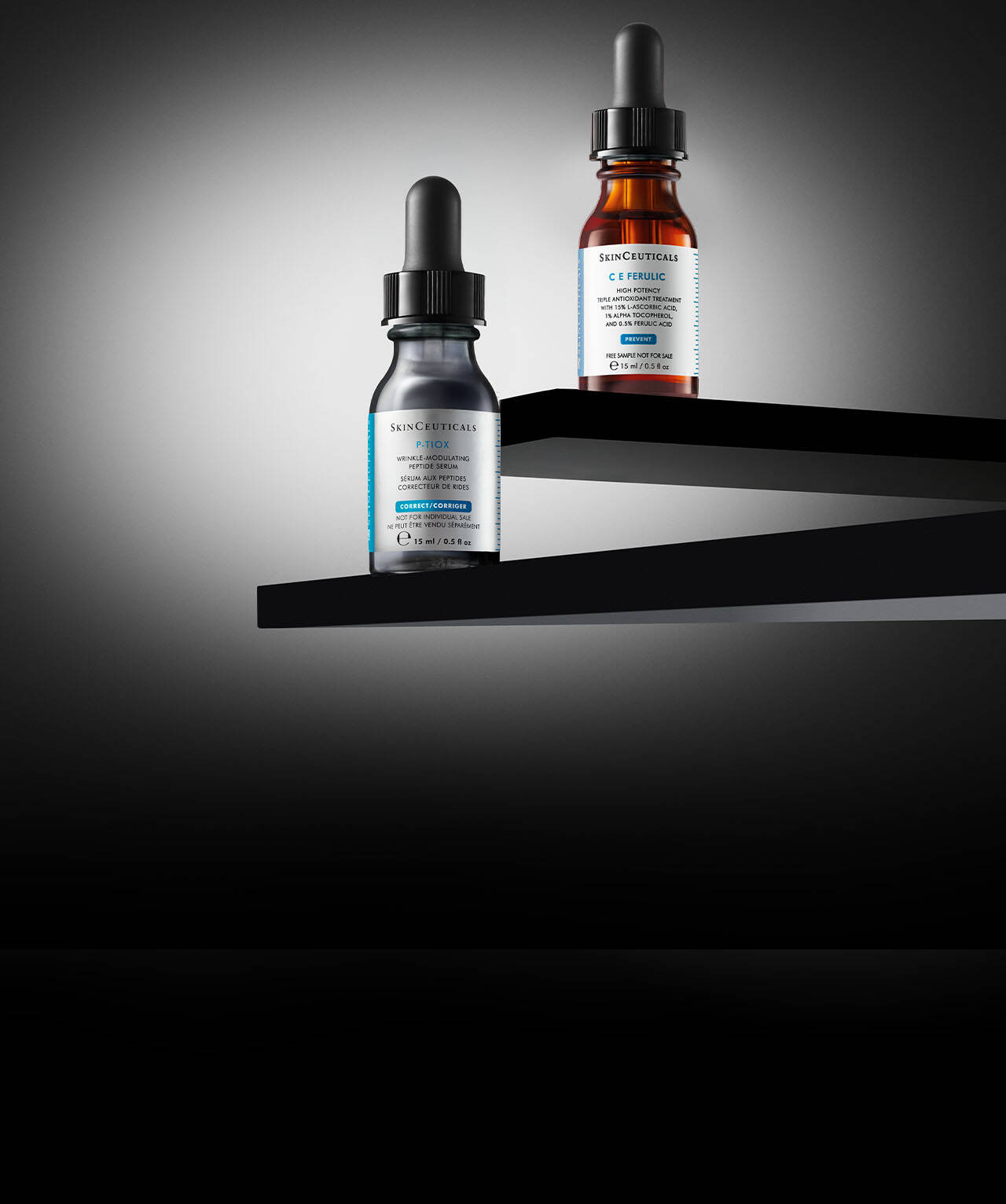 Prodotti per la routine skincare SkinCeuticals: siero C E Ferulic, siero P-TIOX e crema solare Ultra Facial Defense SPF 50