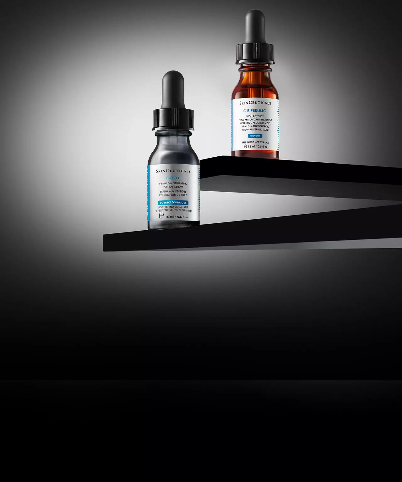 Prodotti per la routine skincare SkinCeuticals: siero C E Ferulic, siero P-TIOX e crema solare Ultra Facial Defense SPF 50