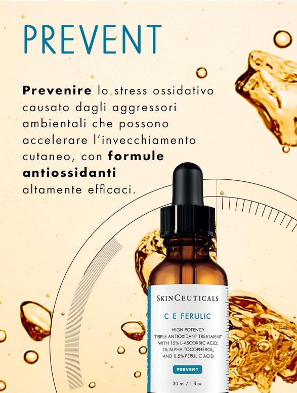 "Flacone di siero SkinCeuticals C E Ferulic con gocce di olio e una texture acquosa sullo sfondo."