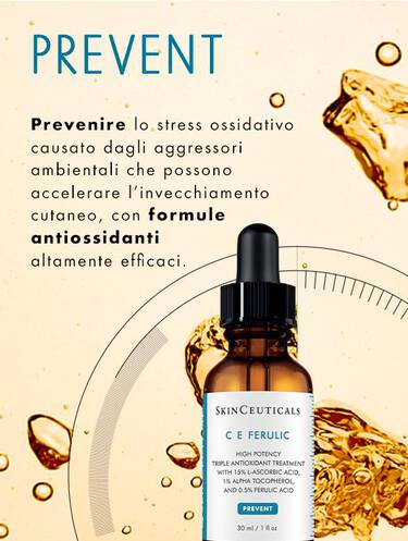 "Flacone di siero SkinCeuticals C E Ferulic con gocce di olio e una texture acquosa sullo sfondo."