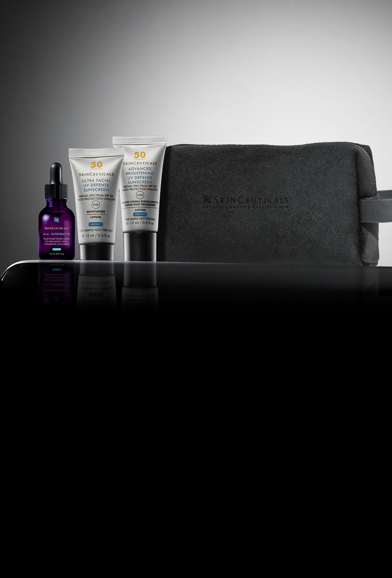 Prodotti per la routine di skincare SkinCeuticals: il siero C E Ferulic, il siero P-TIOX e la protezione solare Ultra Facial Defense SPF 50​
