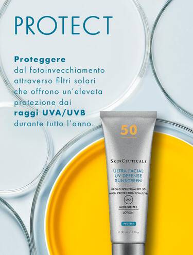 Una crema solare SkinCeuticals con SPF 50 su un piatto giallo, accompagnata da un testo che evidenzia la protezione contro i raggi UVA/UVB.