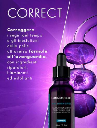 Siero H.A. Intensifier di SkinCeuticals in un design elegante, con testo che descrive i benefici delle formule avanzate per contrastare i segni del tempo e migliorare la pelle.