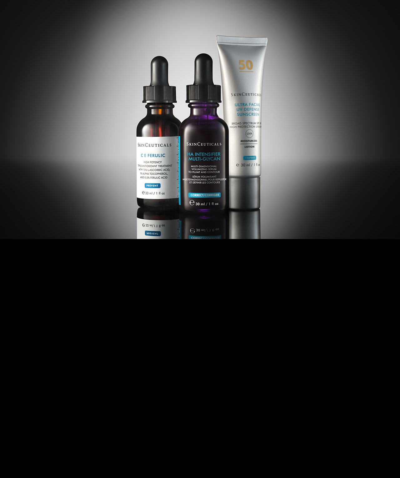 Prodotti per la routine di skincare SkinCeuticals: il siero C E Ferulic, il siero P-TIOX e la protezione solare Ultra Facial Defense SPF 50​