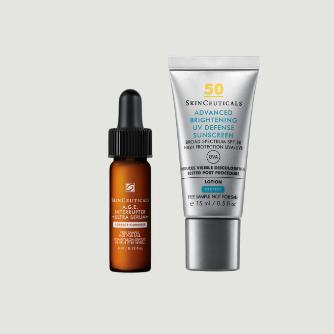 Flacone di siero SkinCeuticals P-TIOX circondato da fiale, incentrato sulla correzione delle rughe.
