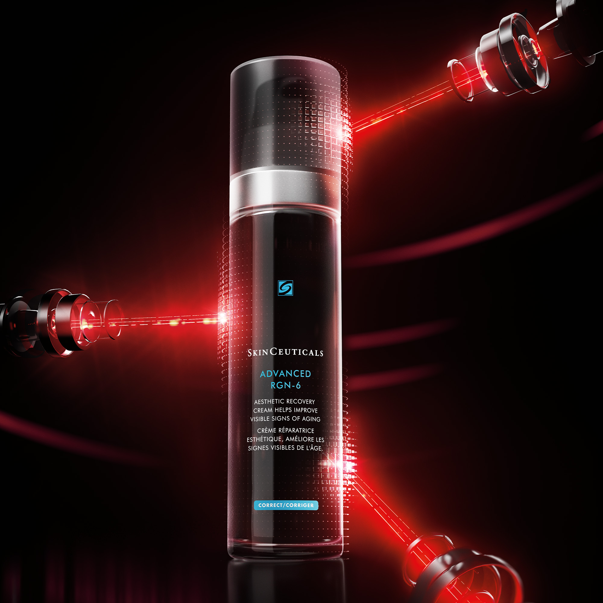 Flacone di siero SkinCeuticals P-TIOX circondato da fiale, incentrato sulla correzione delle rughe.